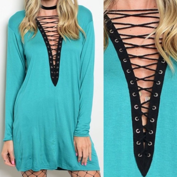 Aqua & black long sleeve lace up tunic/dress S - Picture 5 of 6